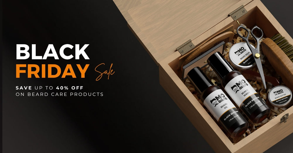 Beard care product set with 'Black Friday Sale' text on a black background